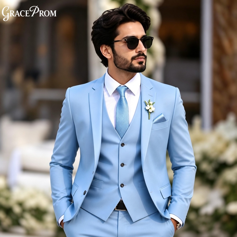 Men'S Formal Evening Wear - Şık Açık Gökyüzü Mavisi 3 Parçalı