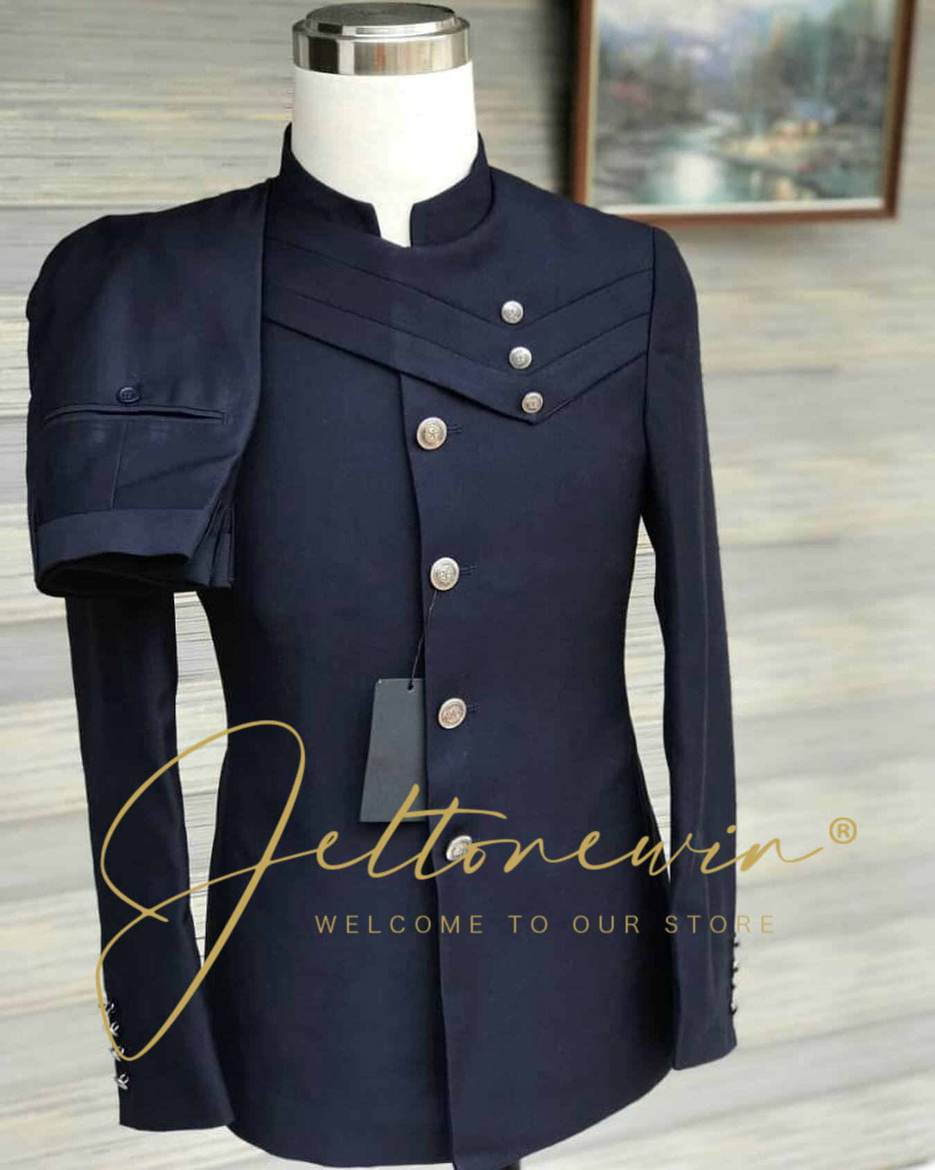 Askeri Tarzı Dik Yaka ve Çapra - Men Formal Wear Blue incelemesi ve fiyatı